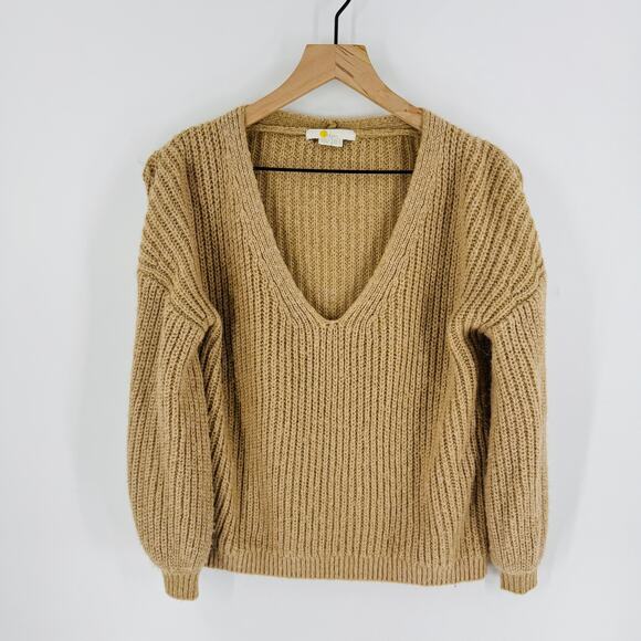 Boden Wool Blend Ribbed V-Neck Chunky Knit Sweater Tan Size 2 Minimalist Neutral - Picture 6 of 6